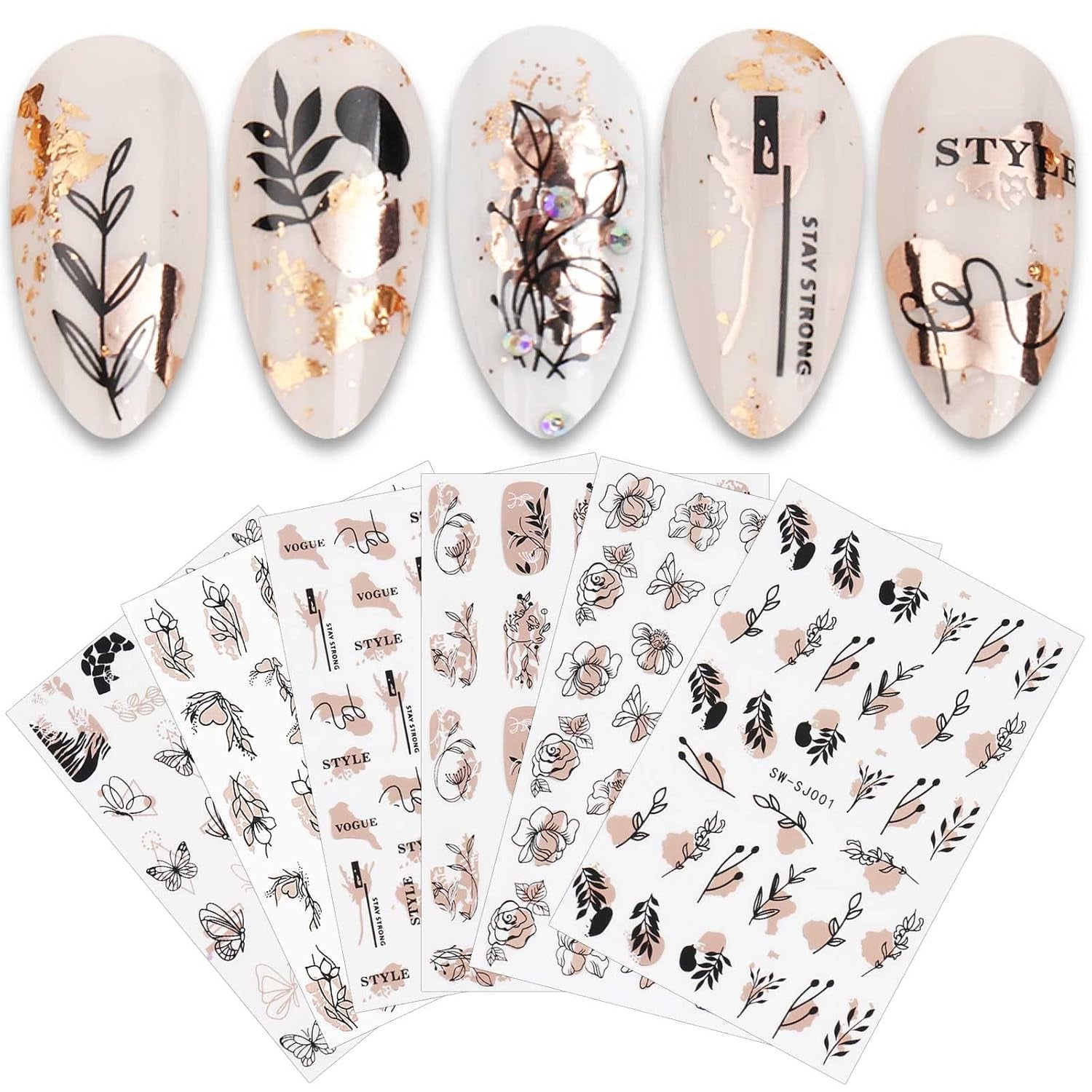 JMEOWIO Nagelsticker Rose Gold Schwarze Blume 12 Blatt Nail Art Sticker Selbstklebend Nagelaufkleber Frühlings Linie Abstraktes Blatt Dekoration Nageldesign Zubehör