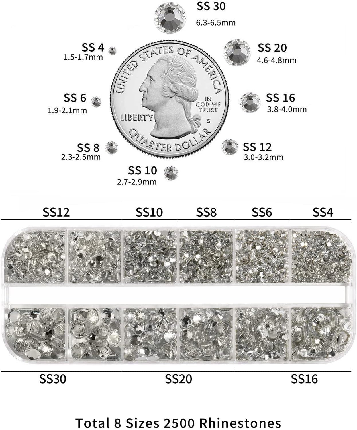 Beadsland 2500Pcs Glas Nailart Strasssteine Kristall Flatback Edelsteine Runde, ​​Für Handwerk Gemischt 8 Größen SS4 ~ SS30 Mit Picking Pinzette Und Stift (Kristall Weiss)