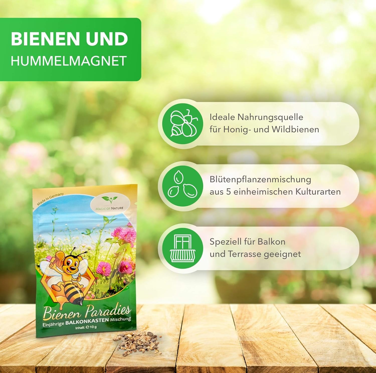 Magic of Nature Balcony Box Mix - 10g magok - Méhbarát növények - Könnyen használható - Méhek paradicsoma - 5 őshonos termesztett faj - Virágládákba és ültetőgépekbe is alkalmas