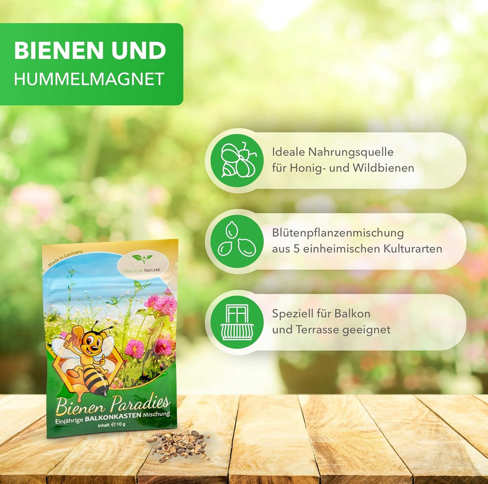 Magic of Nature Balcony Box Mix - 10g magok - Méhbarát növények - Könnyen használható - Méhek paradicsoma - 5 őshonos termesztett faj - Virágládákba és ültetőgépekbe is alkalmas