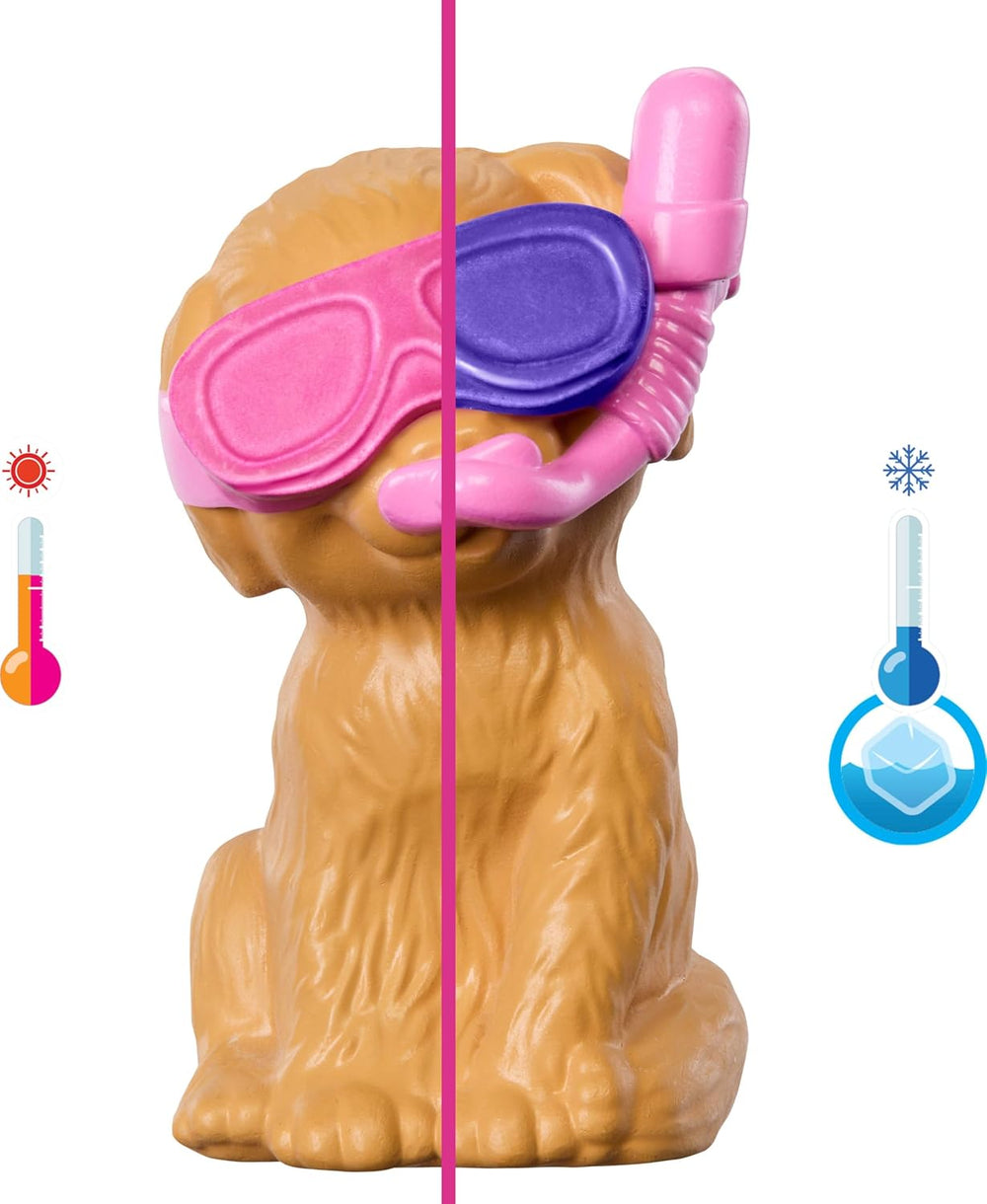 Set de joacă Barbie Puppy Pool Party cu păpușă la modă, căsuță pentru câini și tobogan, piscină în formă de inimă, 2 figurine câini, 6 accesorii și schimbător de culoare, JBF35