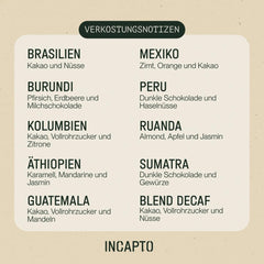 Selecție de boabe de cafea Incapto la nivel mondial | Selecție de 10 origini din întreaga lume | Cafea de specialitate | 100% Arabica | Ideal ca set cadou de cafea | Pentru iubitorii de cafea | 10 pachete x 100g