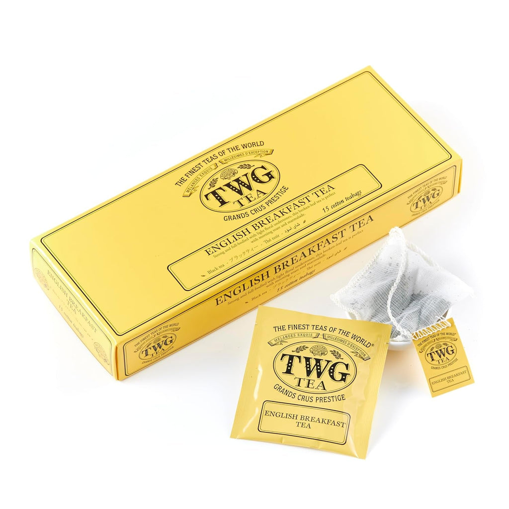 TWG Tea | Ceai englezesc pentru micul dejun | Ceai negru | Note florale | 15 pliculețe de ceai cusute manual din bumbac | Set cadou