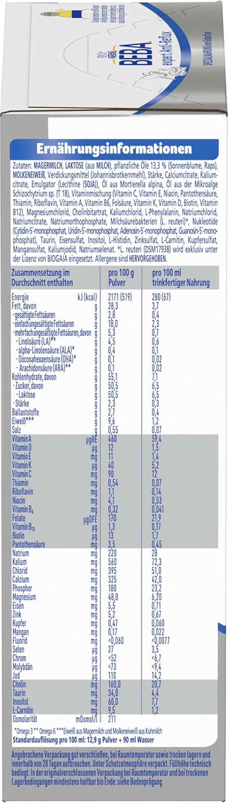 BEBA szakértő Anti-Reflux - AR Speciális tápszer születéstől, fokozott böfögés és hányás ellen, bébiétel, babatejpor, 1 csomag (1 x 500g)