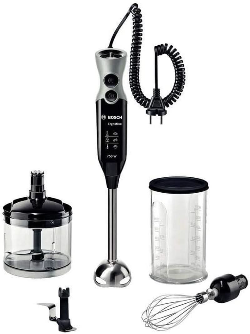Bosch Stabmixx Ergomixx MSM67170, Edelstahl-Mixfuß, Universalzerkleinerer, Mix- Und Messbecher, Schneebesen, Ice-Crush-Klinge, Leichtes Gehäuse, 12 Stufen plus Turbostufe, 750 W, Schwarz Naty Shop Kitchen