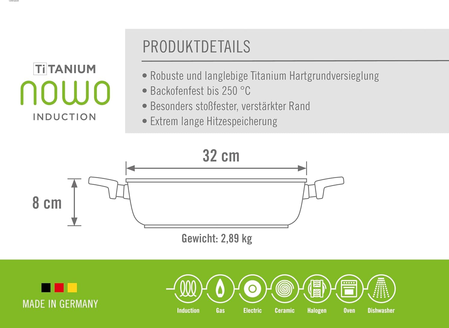 Woll Nowo Titanium Kasserole - Induktiv -, Ø 32 cm, 8 cm Hoch, 5,5 liter, Mit 2 Seitengriffen - Geeignet Für Alle Herdarten Sütőformák és tálcák Naty Shop