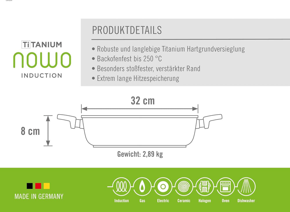 Woll Nowo Titanium Kasserole - Induktiv -, Ø 32 cm, 8 cm Hoch, 5,5 liter, Mit 2 Seitengriffen - Geeignet Für Alle Herdarten Sütőformák és tálcák Naty Shop