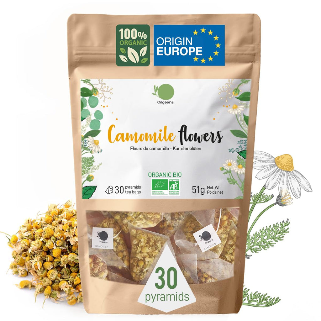 ORIGEENS Ceai organic din flori de mușețel din Europa, 100 g | Frunze de ceai vrac, ceai organic pentru somn și digestie | Mușețel german | Certificat și ambalat în Germania