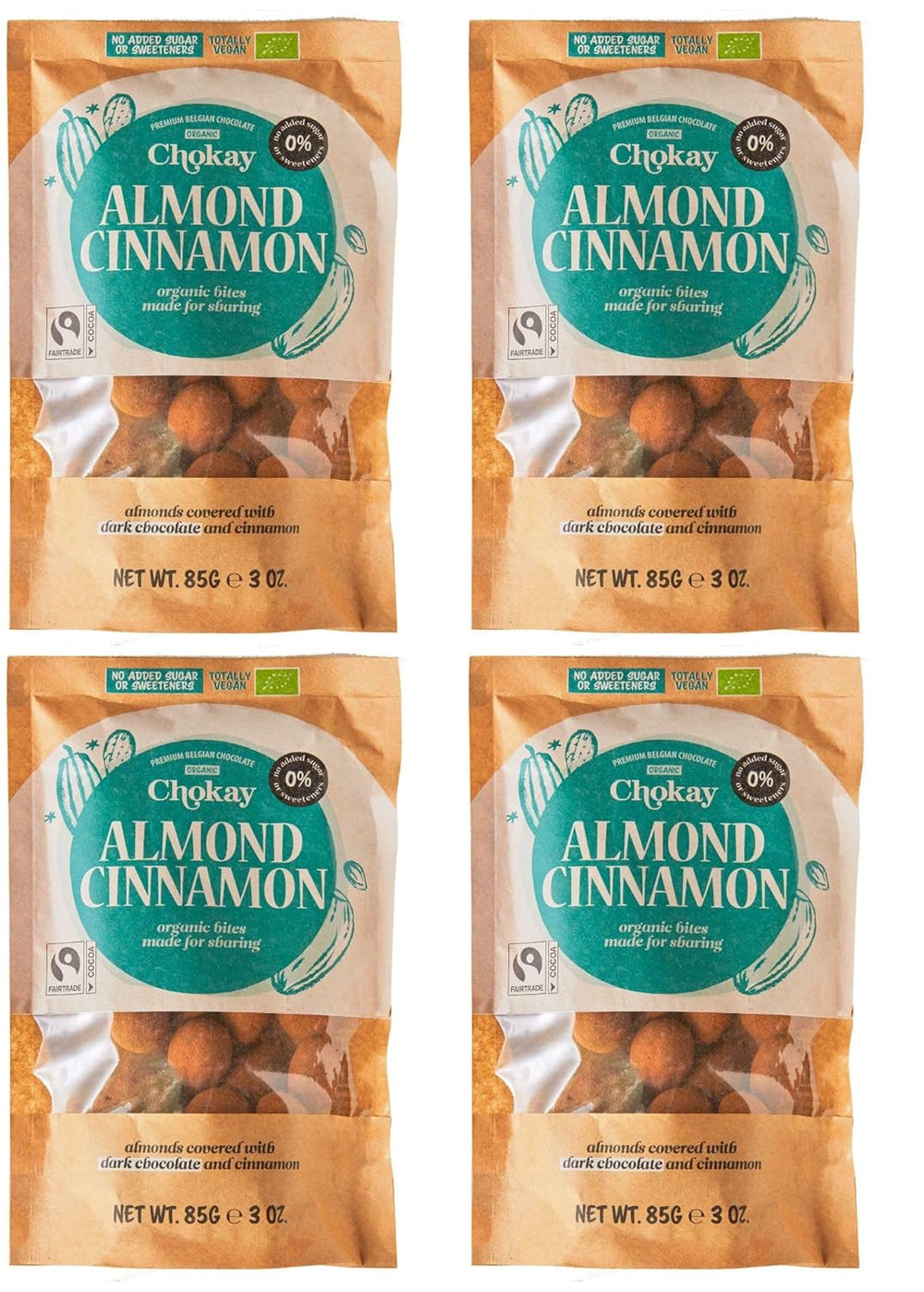 4 db-os organikus falat készlet – fahéjas mandula/fahéjas mandula belga étcsokoládéban/Hozzáadott cukor nélkül, édesítőszerek nélkül/VEGÁN ÉS FAIR TRADE / 4 x 85 g