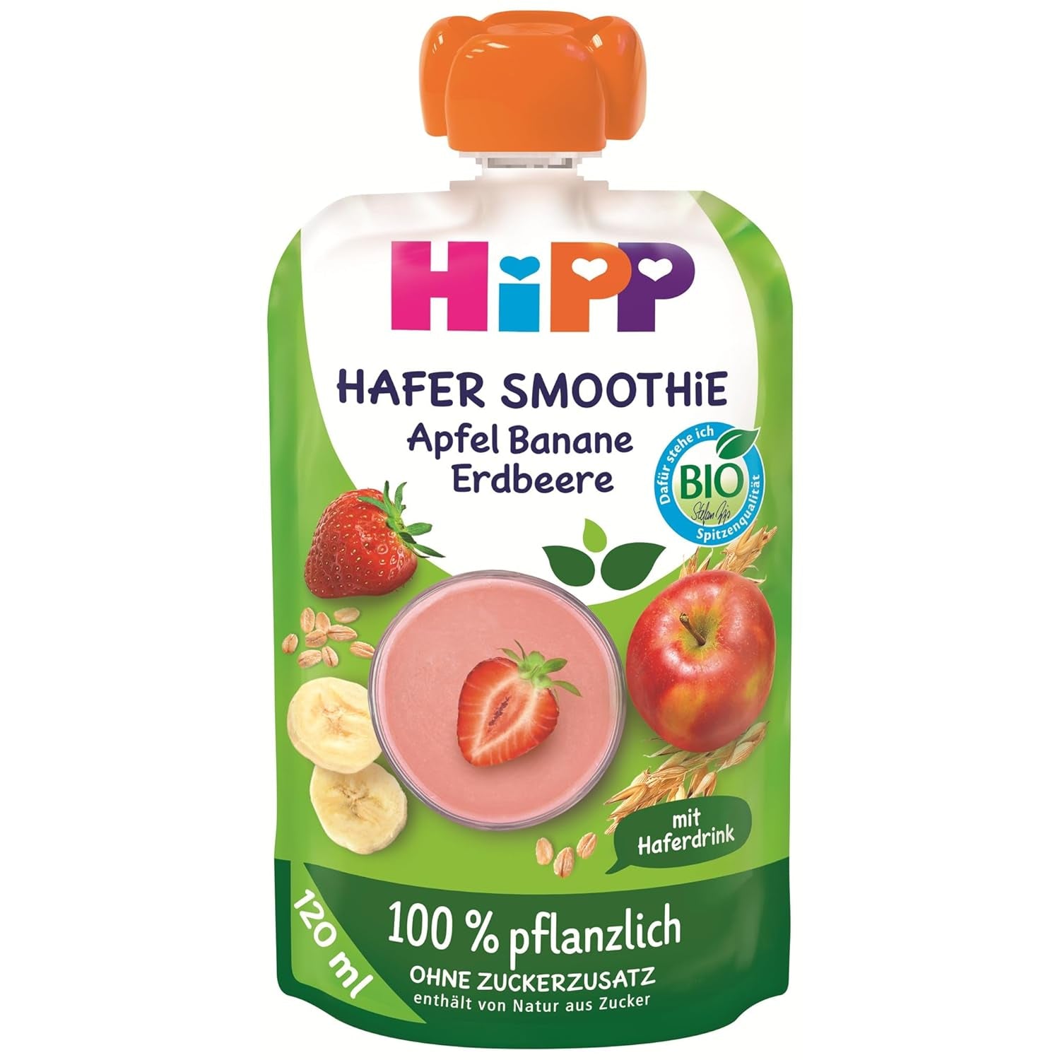 HiPP Bio Quetschie Hafer Smoothie Apfel Banana Erdbeere mit Haferdrink (6 x 120 ml), 1 Jahr, 100% pflanzlich, ohne Zuckerzusatz, vegán, a legjobb Bio-Qualitätben