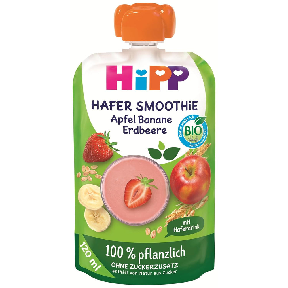 HiPP Bio Quetschie Hafer Smoothie Apfel Banana Erdbeere mit Haferdrink (6 x 120 ml), 1 Jahr, 100% pflanzlich, ohne Zuckerzusatz, vegán, a legjobb Bio-Qualitätben