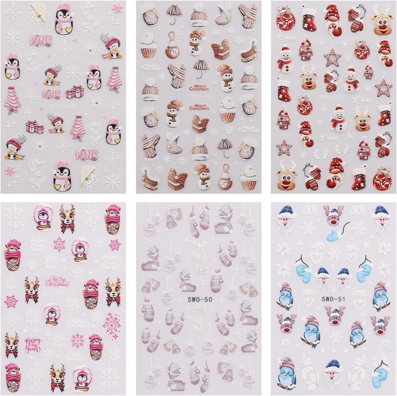 JMEOWIO Nagelsticker Weihnachten 6 Blatt Nail Art Sticker Selbstklebend Nagelaufkleber Schneeflocke Winter Urlaub Süß Dekoration Nageldesign Zubehör