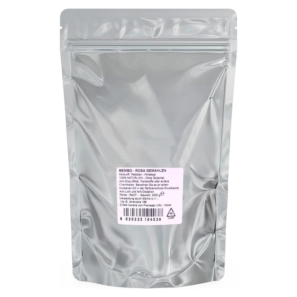 Bembo – gemahlenes rosa Himalaya-Salz (Salt Range, Pakisztán) – 2 kg – Natriumarm, reich an Spurenelementen, ohne Konservierungsstoffe, Farbstoffe oder Rieselhilfen – Fein