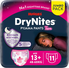Huggies DryNites éjszakai ágybavizes pelenkák lányoknak 13-17 éves korig (48-60 kg) 33 darab (3 x 11) Jumbo havi csomag XL pelenkanadrág