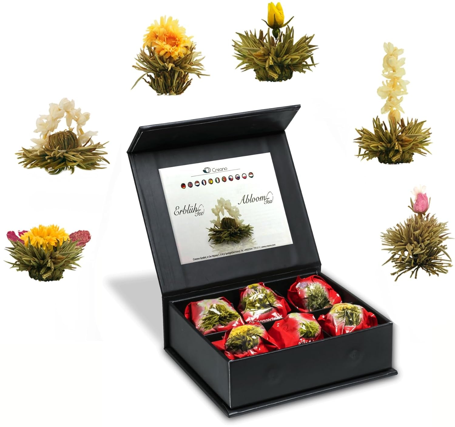 Creano 6 flori de ceai cutie cadou Ceai verde în cutie magnetică elegantă cu imprimeu argintiu - 6 sortimente diferite - cadou de Crăciun