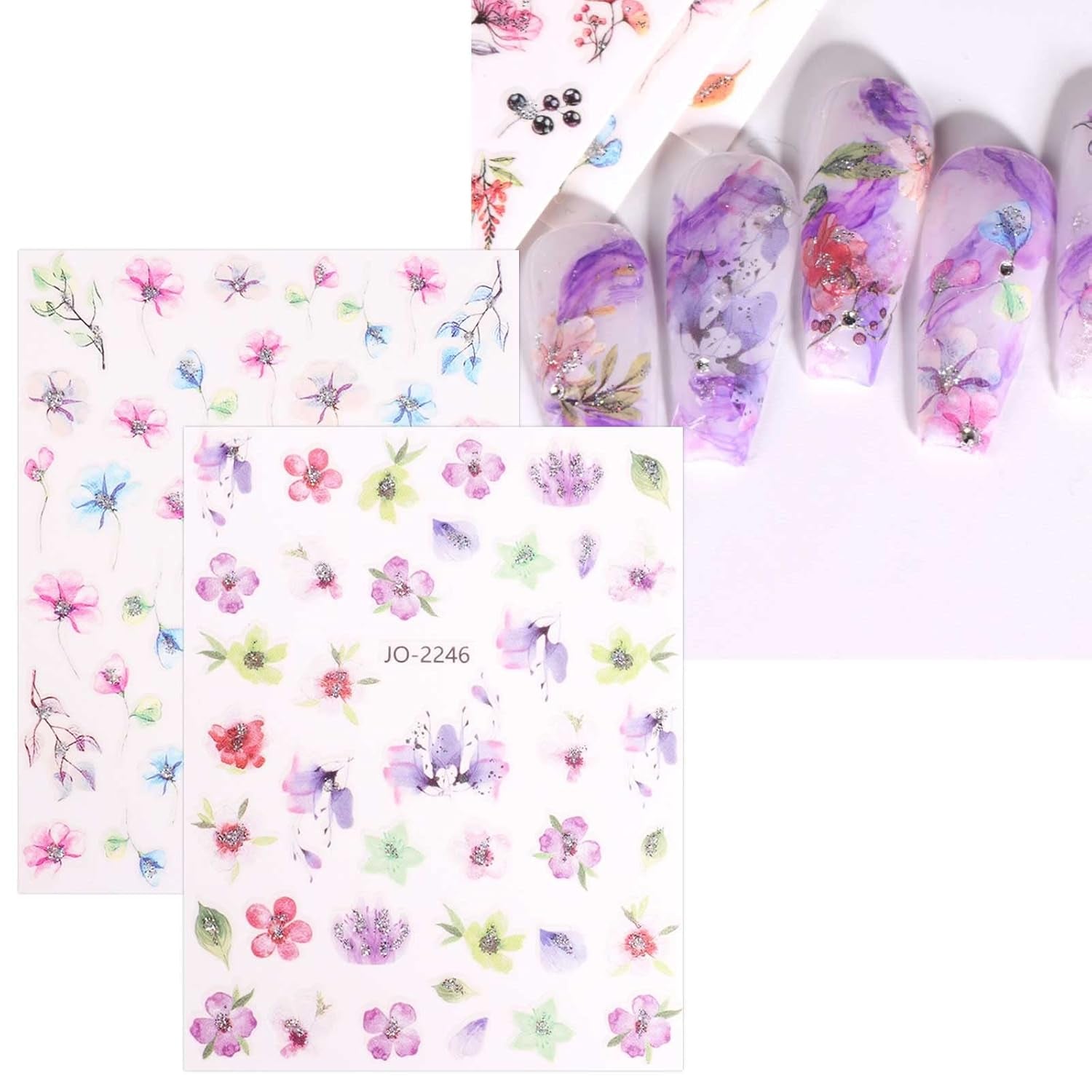 JMEOWIO Nagelsticker Frühling Blume 12 Blatt Nail Art Sticker Selbstklebend Nagelaufkleber Blätter Dekoration Nageldesign Zubehör