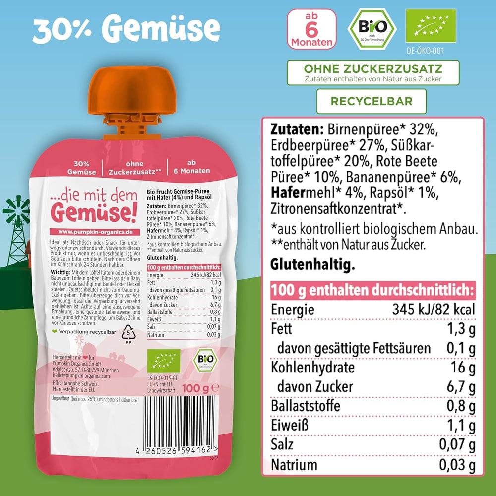 Pliculețe cu legume și cereale organice Pumpkin Organics, pachet de 8: Pară, Căpșuni, Cartofi dulci, Sfeclă roșie, Banană, Ovăz - Fără zahăr adăugat¹ - De la 6 luni - ca gustare sau aliment complementar la pachet (8 x 100g)