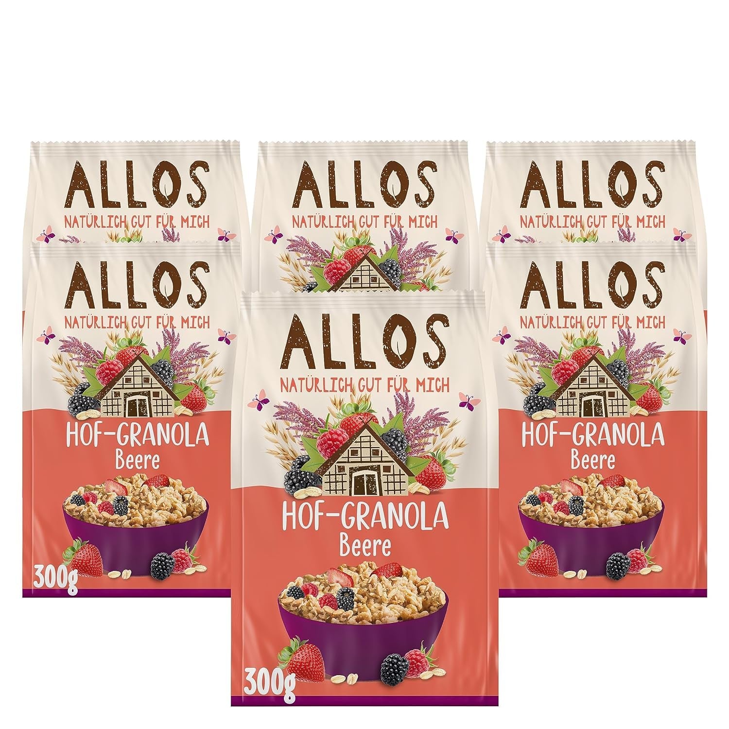 Allos Hof Granola bogyós gyümölcsökkel | Bio müzli | Müzli bogyókkal | Ropogós müzli | Gabonafélék reggelire | 6 db-os kiszerelés (6 x 300g), 1 db (6 db-os csomag)