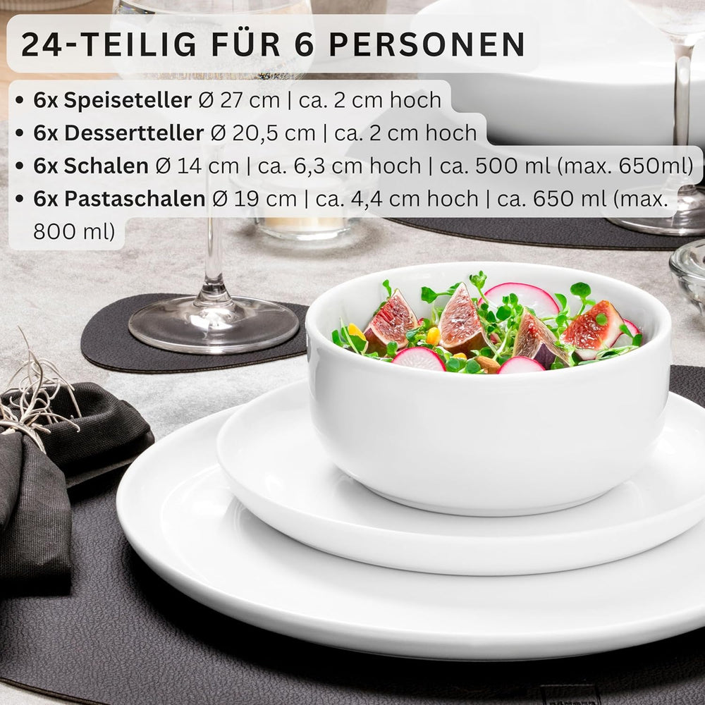 SÄNGER | Set de veselă Marlo White, set de veselă cu 24 de piese pentru 6 persoane, cu farfurii de desert, farfurii de cină, boluri și boluri pentru cereale din porțelan, set de farfurii, veselă, design modern COLECȚIA PREMIUM