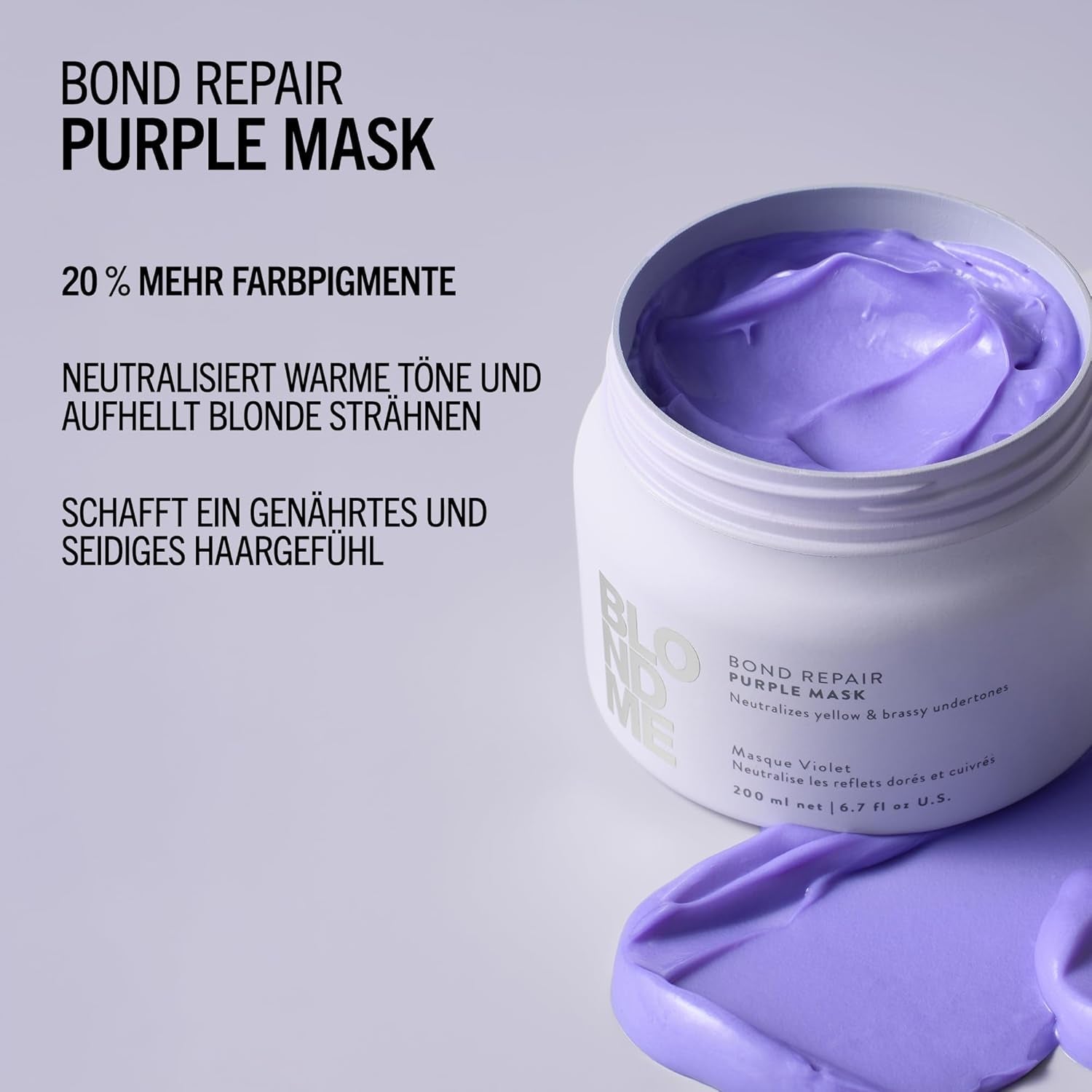 Schwarzkopf Professional BLONDME Bond Repair Purple Mask Mască pentru păr rece Neutralizează tonurile galbene pentru părul vopsit, albit și deschis Condiționare profundă și întărire 200 ml Masca de par Naty Shop