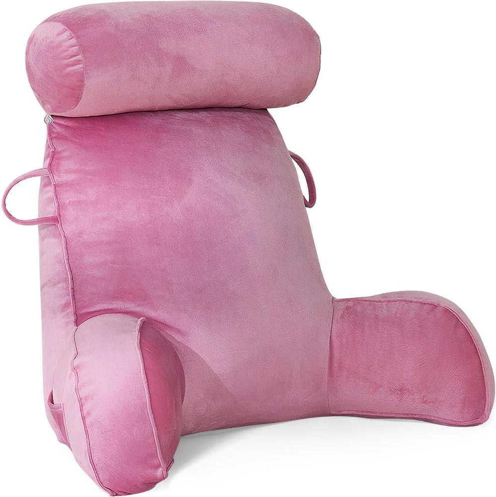 Pernă de citit XL pentru pat și canapea cu rolă detașabilă pentru gât, pernă ideală pentru spate pentru adulți cu spumă cu memorie pentru citit confortabil, lucru, joacă, vizionat la televizor, relaxare (roz)