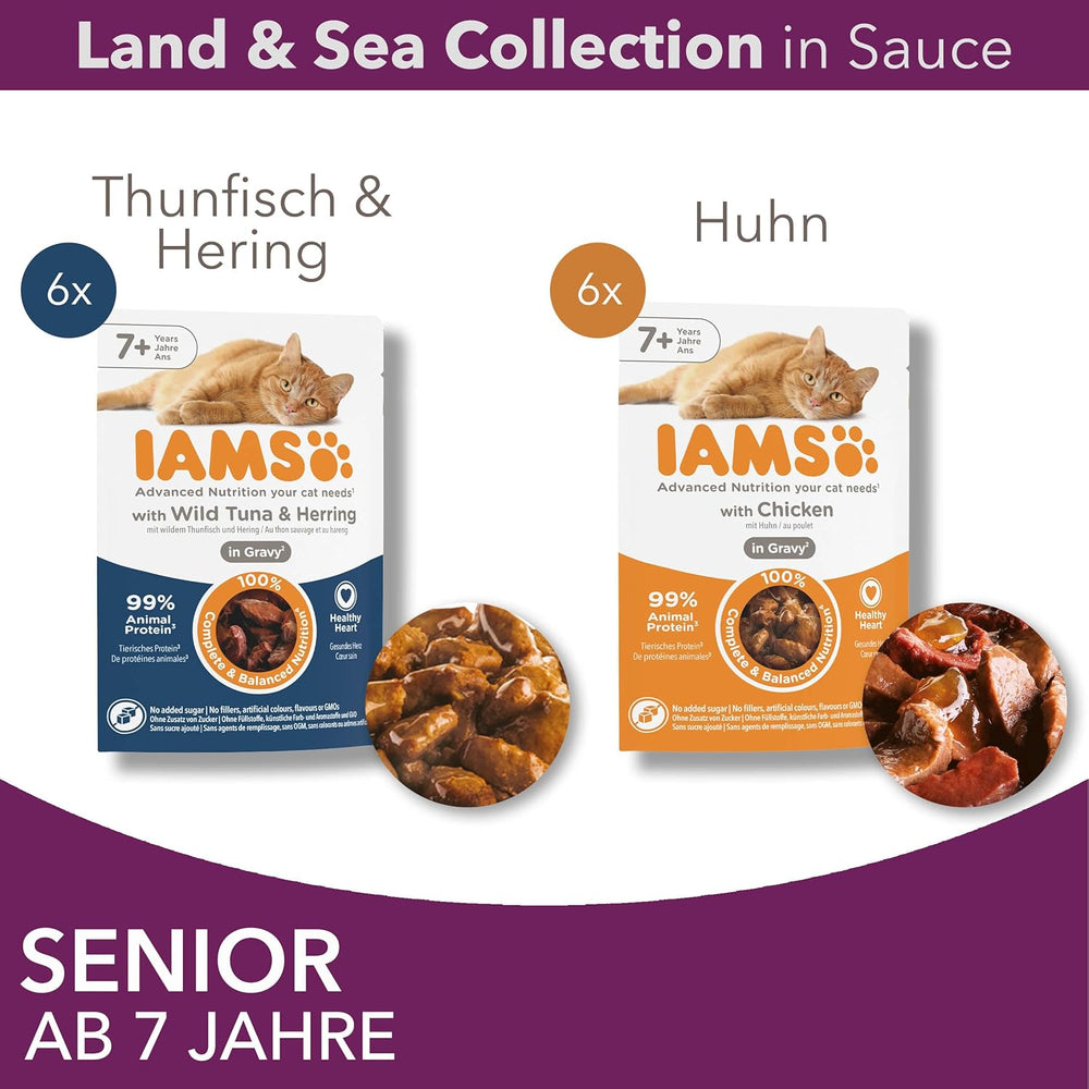 IAMS Delights Hrană umedă pentru pisici senior - Pachet multiplu cu pui și pește în sos, hrană umedă de înaltă calitate pentru pisici mai în vârstă de la 7 ani, 12 x 85 g