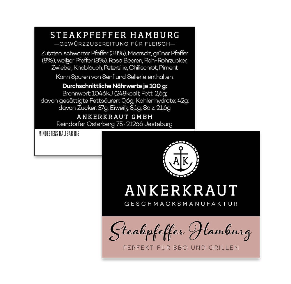 Ankerkraut Steakpfeffer Hamburg, Pfefferkörner Hausmischung, grober Steakhouse-Pfeffer, frische Note, Universal Allrounder, Lecker Kochen mit Qualität, 80 g im Korkenglas