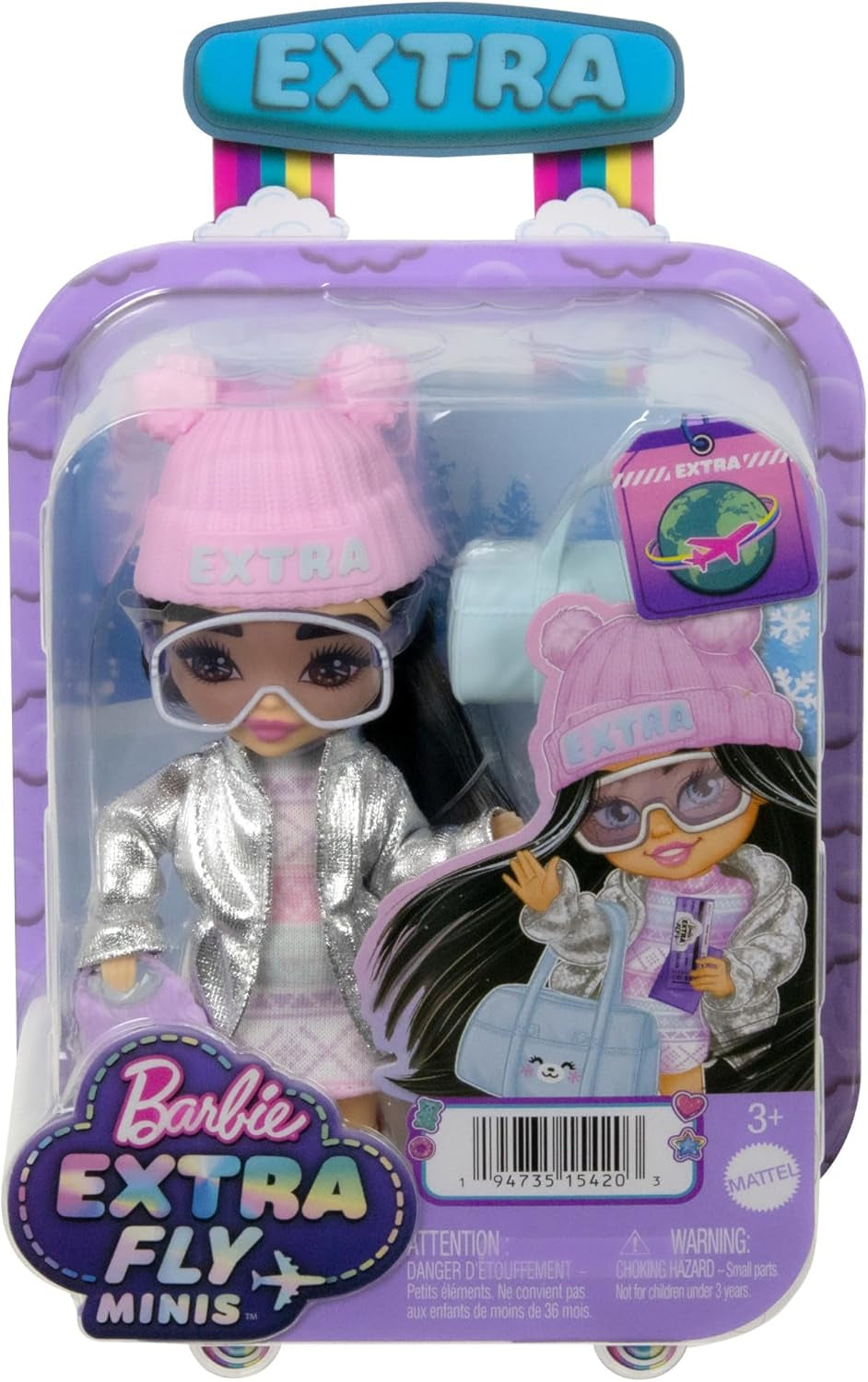 Barbie Extra Minis - Reisepuppe mit Accessoires für einen winterlichen Urlaub, inklusive Puppenständer, für Kinder ab 6 Jahren, HPB20