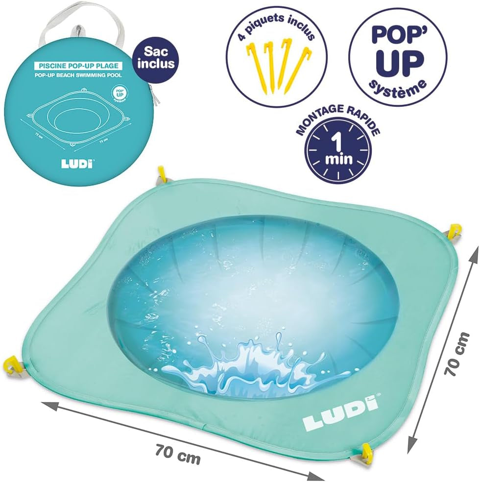 LUDI - Összecsukható medence - Strandhoz - Hordozható medence kisgyermekek számára - Hordtáska és rögzítőkapcsok - Könnyen felszerelhető és tárolható - 10 hónapos kortól, Türkiz
