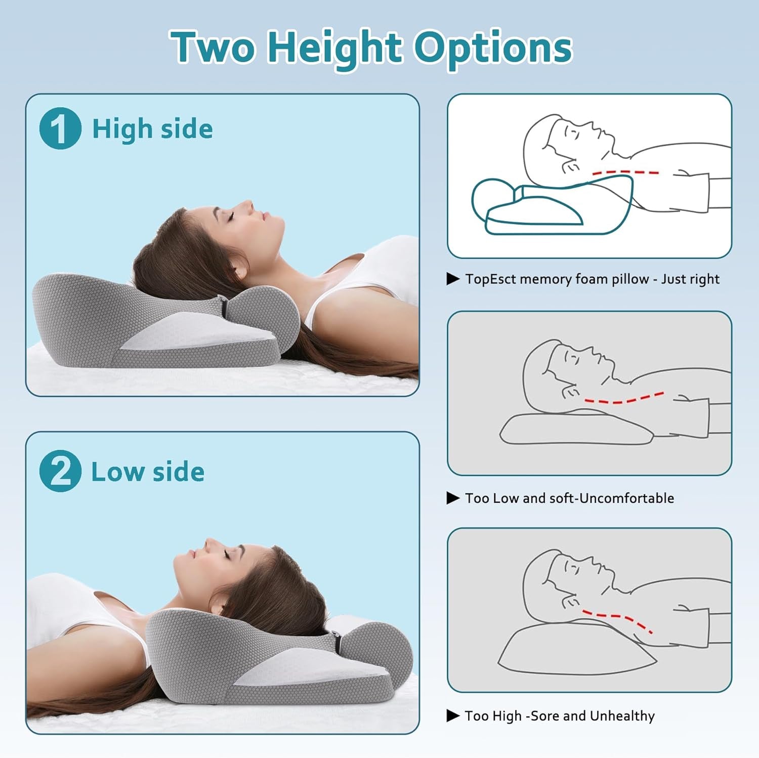 Pernă din spumă cu memorie TopEsct, pernă pentru dormit pe o parte, pernă pentru gât, pernă pentru cap pentru cei care dorm pe o parte și pe spate (gri)