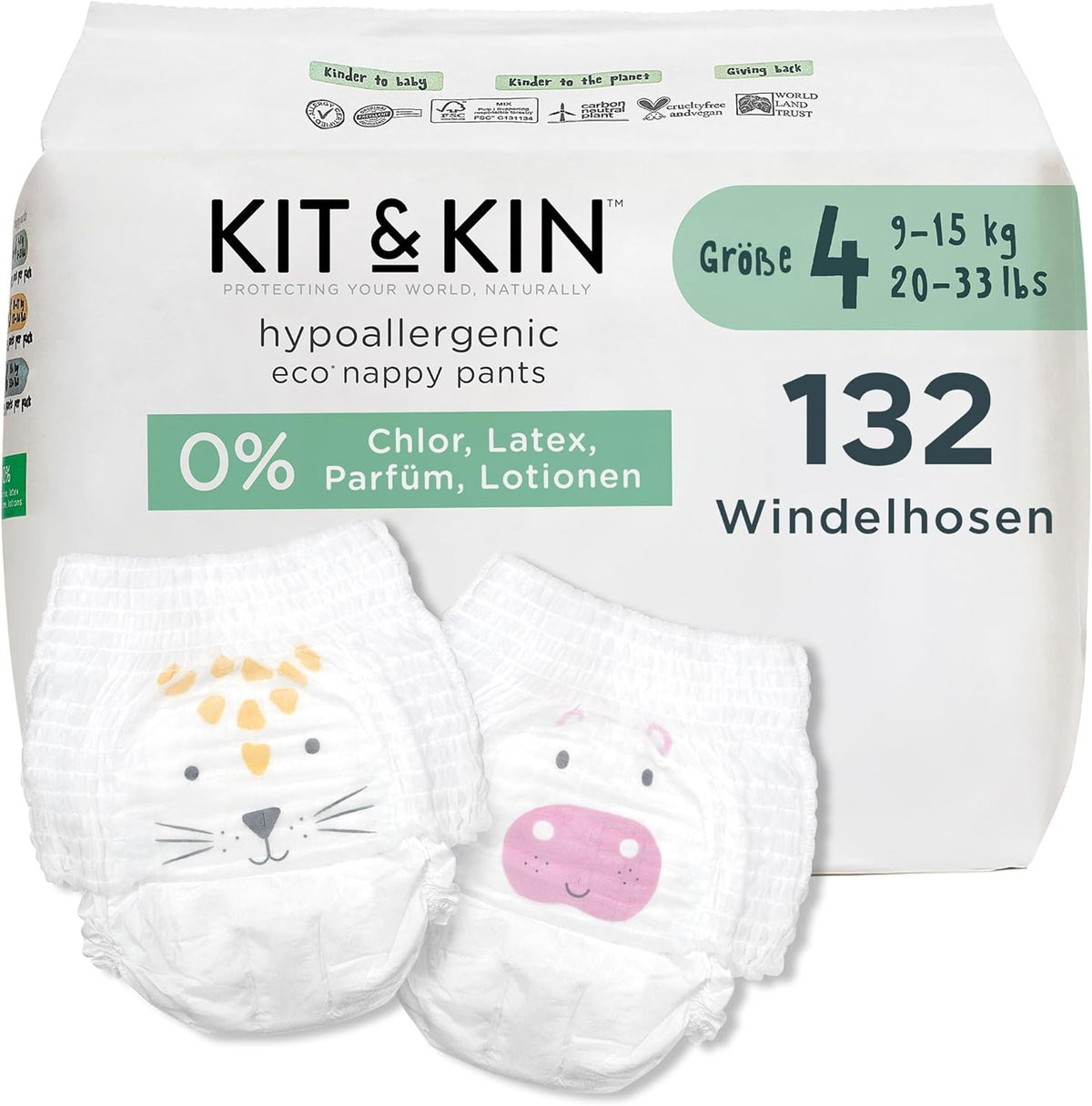Kit & Kin Premium Eco pelenkák, 4-es méret (9-16 kg), 132 pelenka, növényi alapú és hipoallergén, megbízható szivárgásvédelem, vegán és kegyetlenség mentes