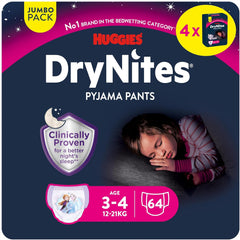 Huggies DryNites szuper nedvszívó éjszakai pelenkák lányoknak 3-4 éves korig (12-21 kg) 4 x 16 darab (összesen 64 darab) havi bugyicsomag