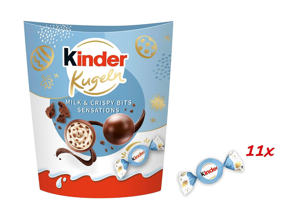 Kinder Balls Milk & Crispy Bits Sensations 90g – Tejcsokoládé golyók tejjel töltelékkel és kakaó chipsekkel – Húsvéti csokoládé, húsvéti édességek – Húsvéti ajándék és szuvenír