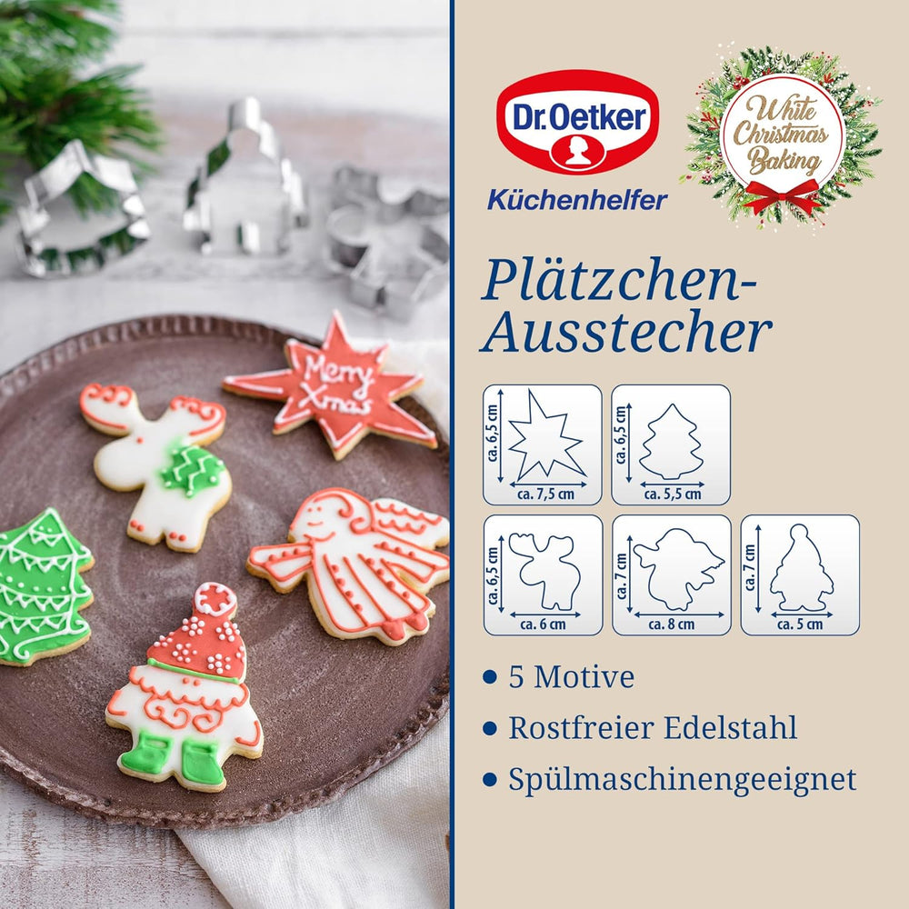 Forme de biscuiți de Crăciun Dr. Oetker, Set de 5 – Forme de biscuiți albe pentru copt de Crăciun – Forme de biscuiți din oțel inoxidabil pentru Crăciun