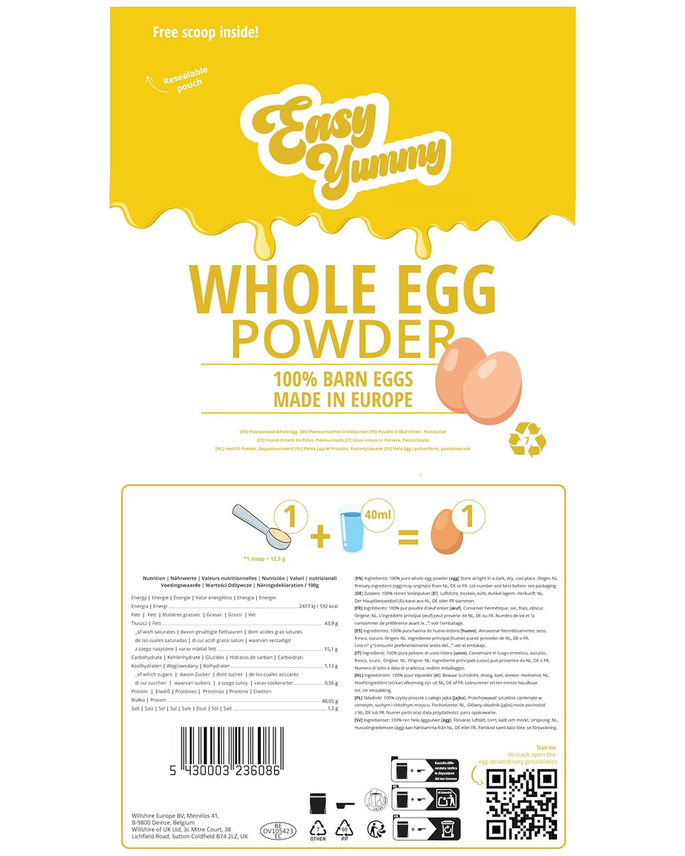 EASY YUMMY - Vollei-Eipulver (1000g = 80 Eier) aus Regionalen Niederländischen Freiland-Eiern | mítosz 1-Ei-Messlöffel | Wiederverschließbarer Beutel, lange Haltbarkeit | Rührei, Kochen, Backen | 100%-ban őket