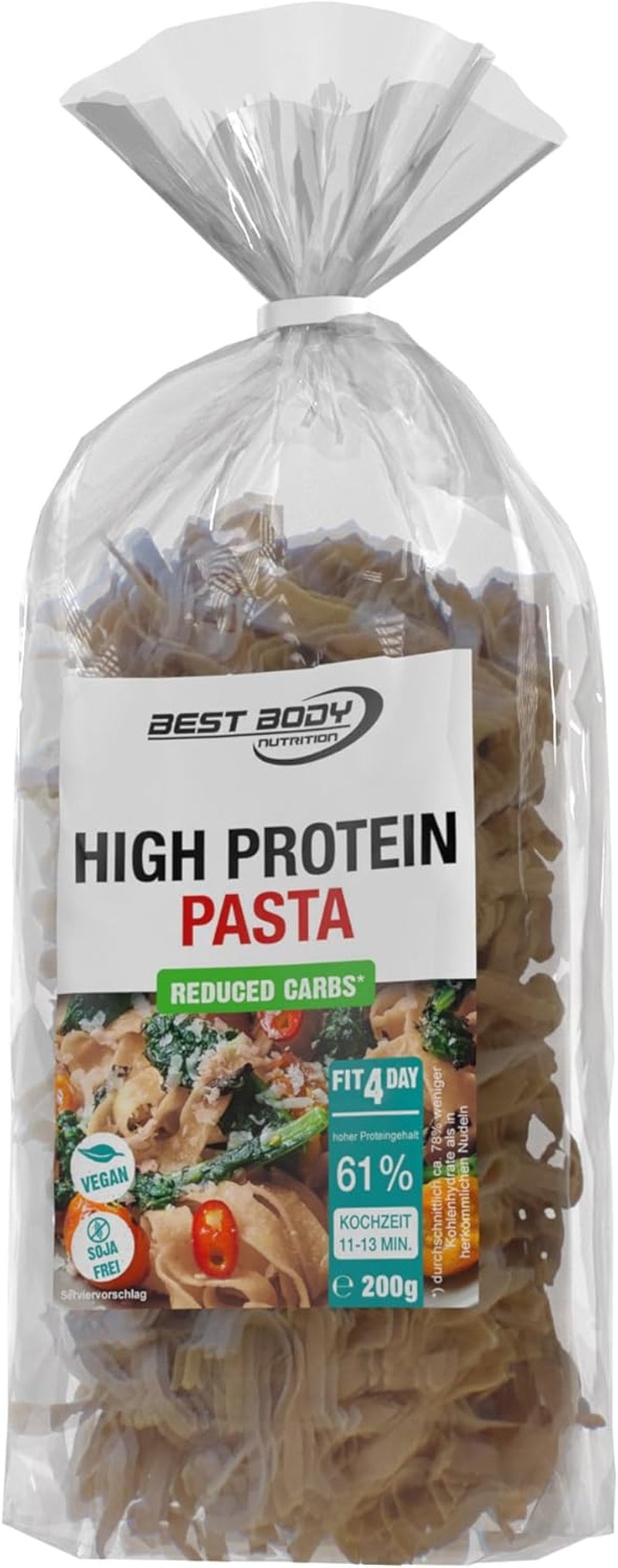 Best Body Nutrition Protein tészta 6 x 200 g - Fit4Day High Protein Tagliatelle - 61% fehérje, alacsony szénhidráttartalmú, vegán és laktózmentes, szójamentes - Kiváló minőségű borsófehérje - alacsony szénhidráttartalmú étrendekhez
