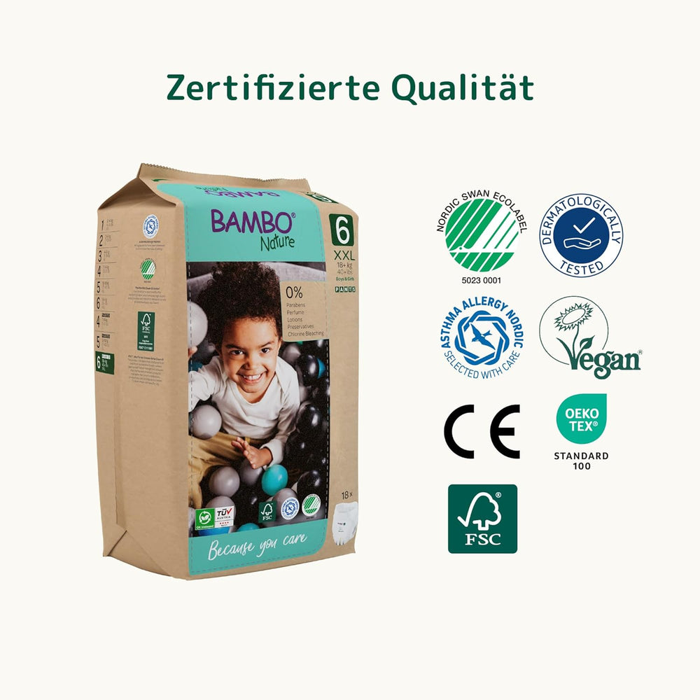 Bambo Nature babapelenka, 6-os méret (15+ kg) - Havi 90-es doboz | Csecsemőpelenkák továbbfejlesztett szivárgás elleni védelemmel | Maximális kényelem és szabadság az aktív gyermekek számára | Bőrgyógyászatilag tesztelt pelenkák