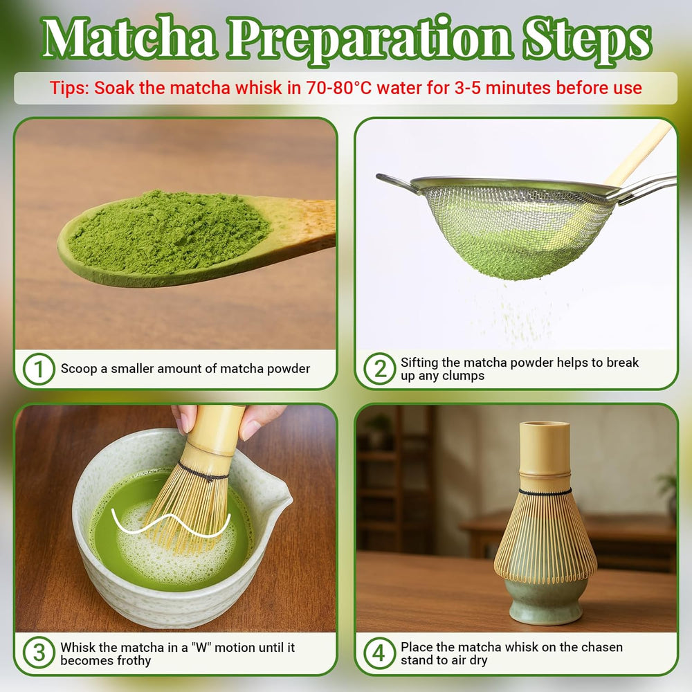 Set Matcha Alyvisun, Set de Ceai Matcha cu 5 Piese cu Tel Matcha și Suport pentru Tel Matcha, Linguriță, Lingură de Ceai, Set Tel Matcha pentru Iubitorii de Matcha, Ideal pentru Începători și Entuziaști
