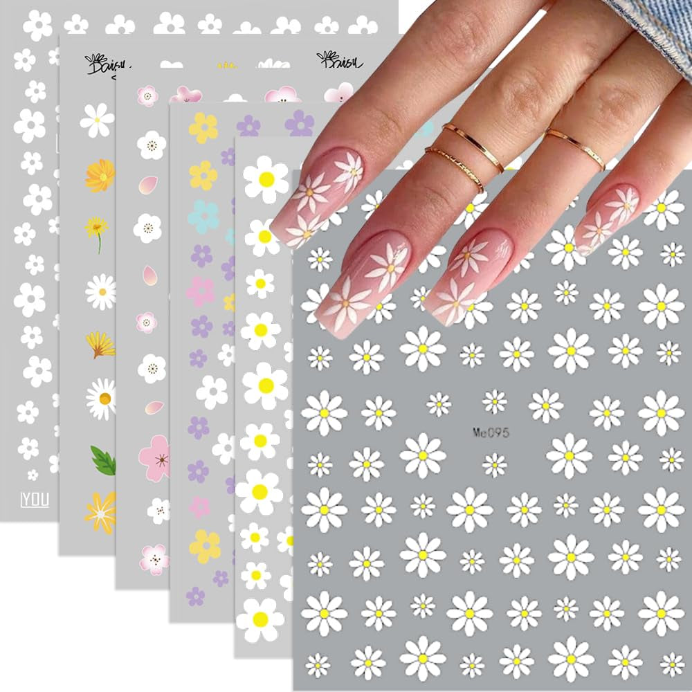 8 Stück Hibiskus Nagelsticker, 3D Selbstklebende Blumen Nagelaufkleber, Weiß Rosa Gelb Magenta Sommer Neonail Sticker, Nail Art Zubehör Nagel Deko Für Frauen