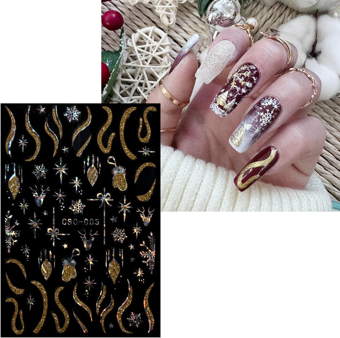 JMEOWIO Nagelsticker Weihnachten Gold Glitter Silber 8 Blatt Nail Art Sticker Selbstklebend Nagelaufkleber Schneeflocke Winterurlaub Dekoration Nageldesign Zubehör