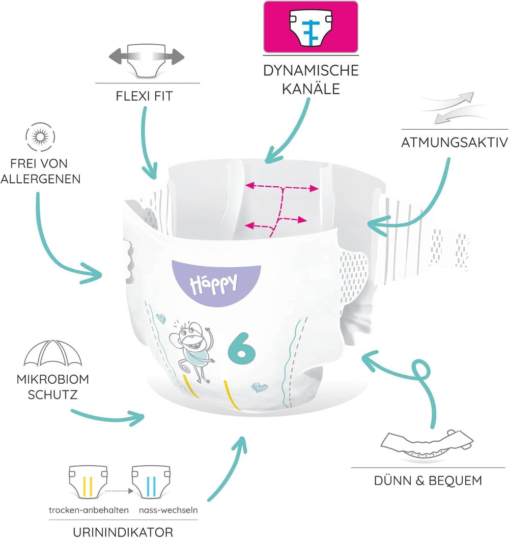 Bella Baby Happy Premium pelenkák, 6-os méret, Junior Extra, 15+ kg, 96 db, DERMATEST és OEKO-TEX Seal, Eldobható babapelenkák