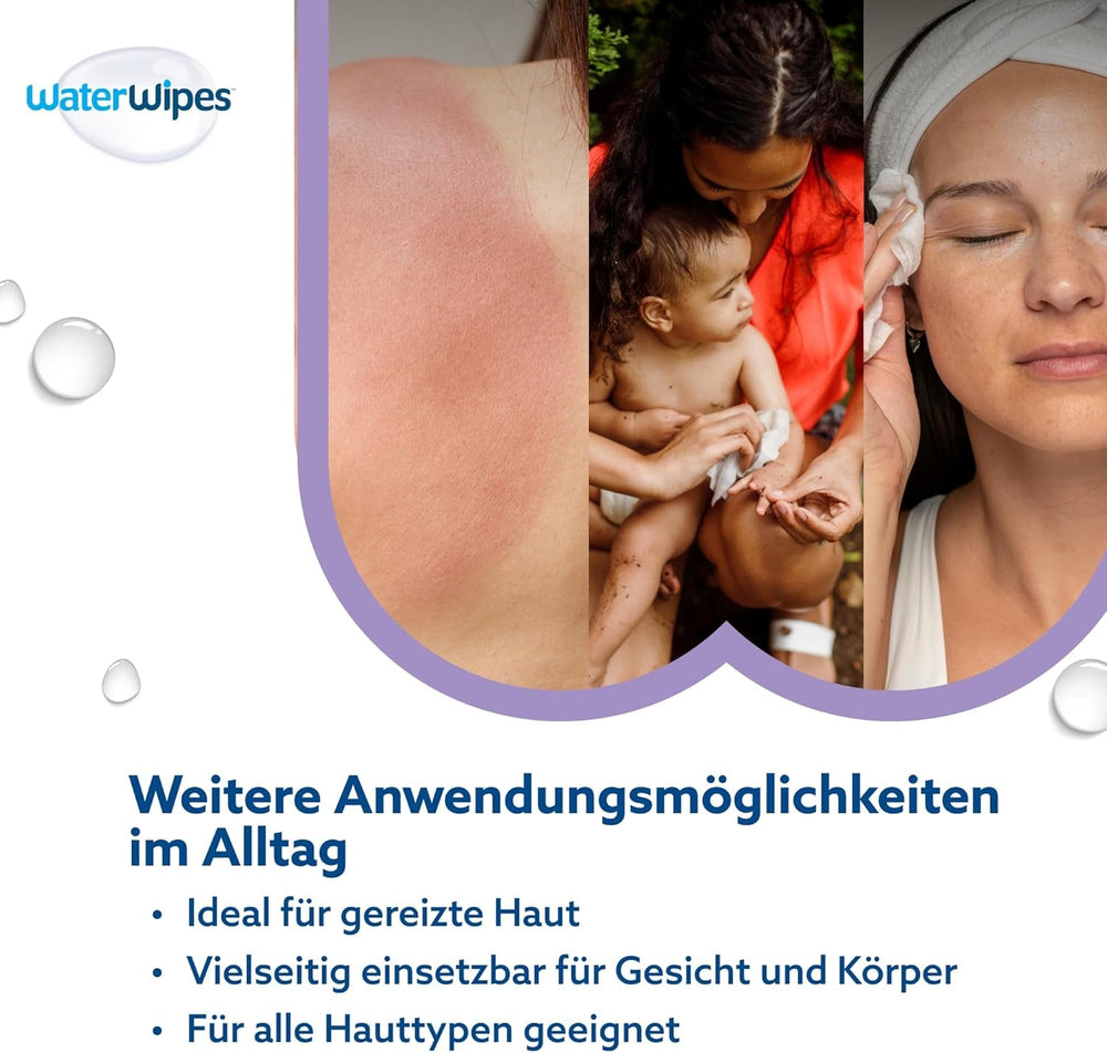 Șervețele umede WaterWipes Sensitive+ Soothing Clean, 360 bucăți (6 pachete), curățare, îngrijire și calmare 3 în 1, 99% apă cu extract de plante, șervețele umede pentru bebeluși fără parfum