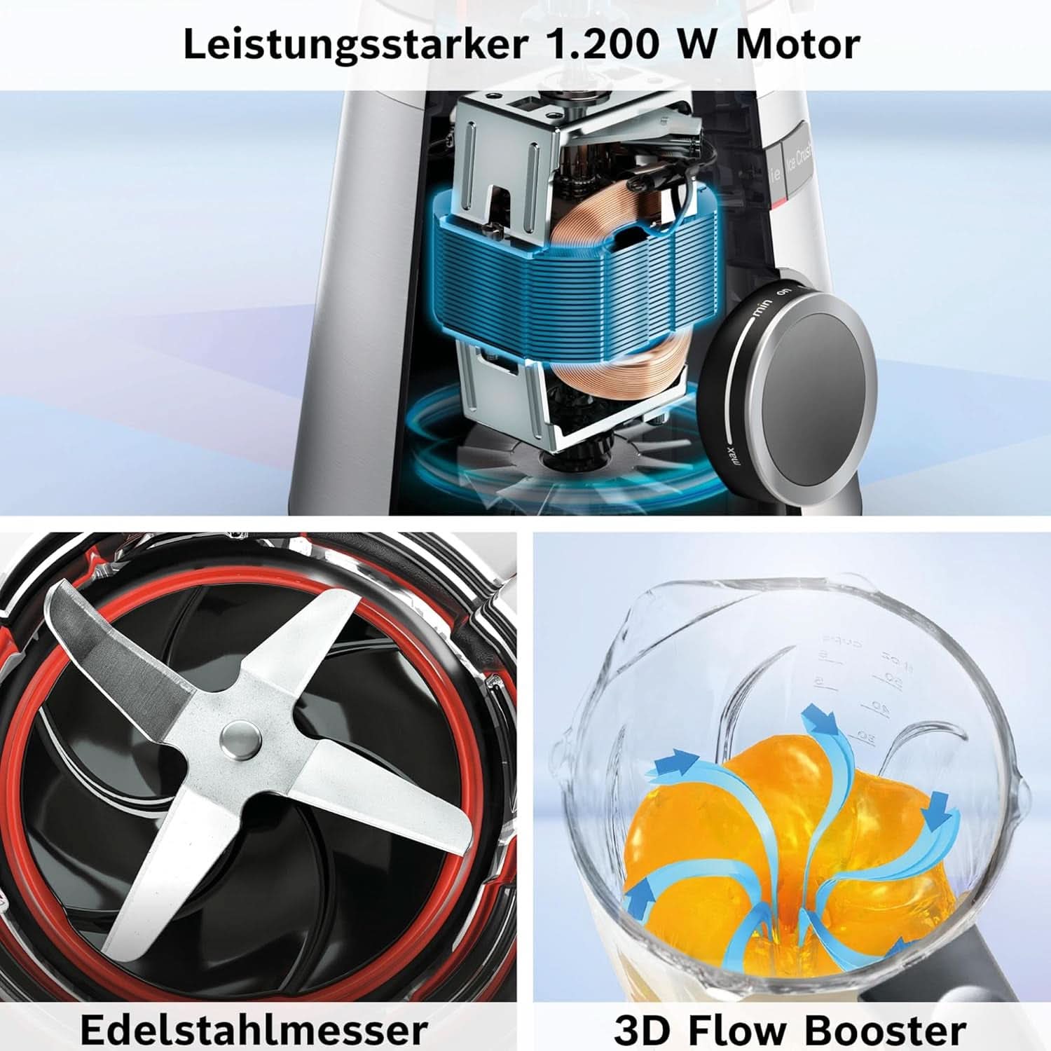 Bosch Standmixer Vitapower Serie 4 MMB6174SN, Verbesserte Version, Hochwertige Edelstahl-Klingen, 1,5L Glasbehälter, 0,6L To-Go-Flasche, Spülmaschinenfeste Teile, 30 000 U/min, Silver Kitchen Naty, 1200 W