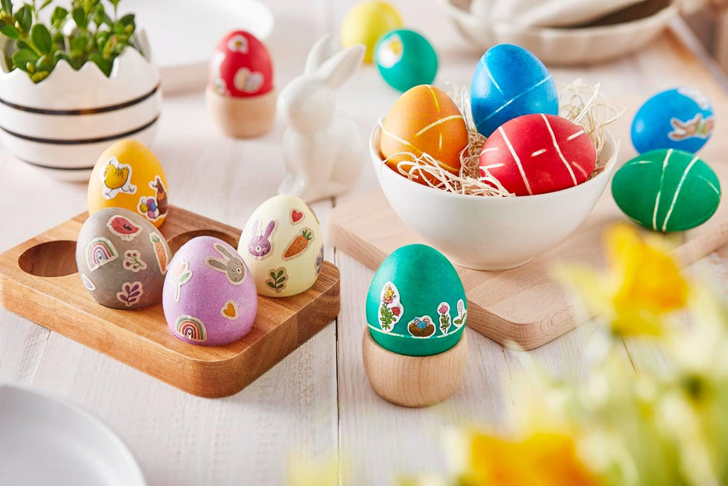 Set de vopsire naturală Heitmann Egg Dye, 3 pudre de colorare pe bază de ou (galben, violet, gri-albastru), foaie de autocolante din hârtie cu iarbă