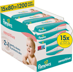 Pampers Sensitive babatörlő, 15 db 80 db-os törlőkendő, 1200 db babatörlő, 2 az 1-ben gyengéd tisztítás és bőrvédelem