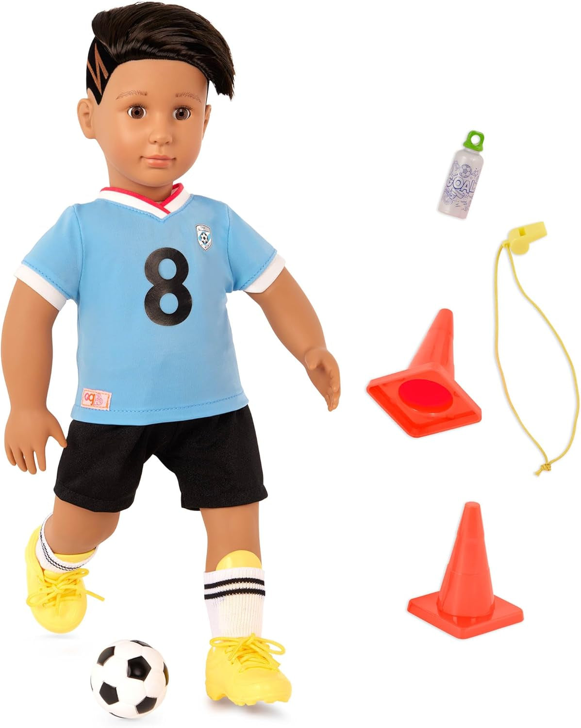 Our Generation - Mateo - Bewegliche 46 cm Junge Puppe - Lebensechte braune Augen & Zickzack-Haarschnitt-Liniendesign - Fußballtrikots & Zubehör - Spielzeug für Kinder ab 3 Jahren