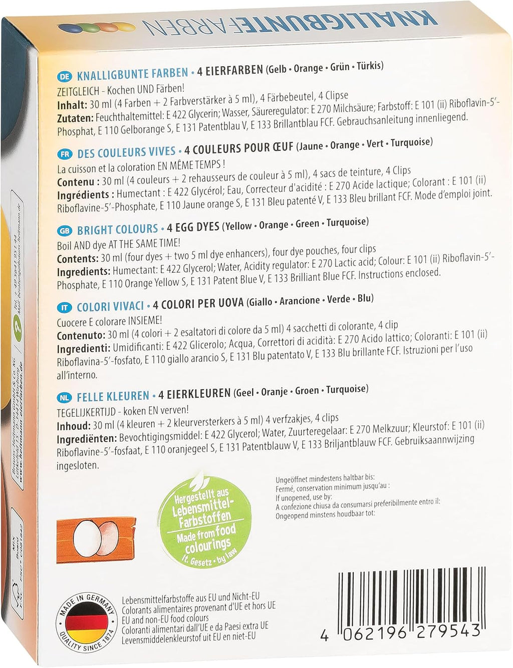 Culori de ou Heitmann, culori strălucitoare - 4 sticle de coloranți de ou (galben, portocaliu, verde, albastru), 2 intensificatori de culoare, 4 pungi de colorant, 4 cleme