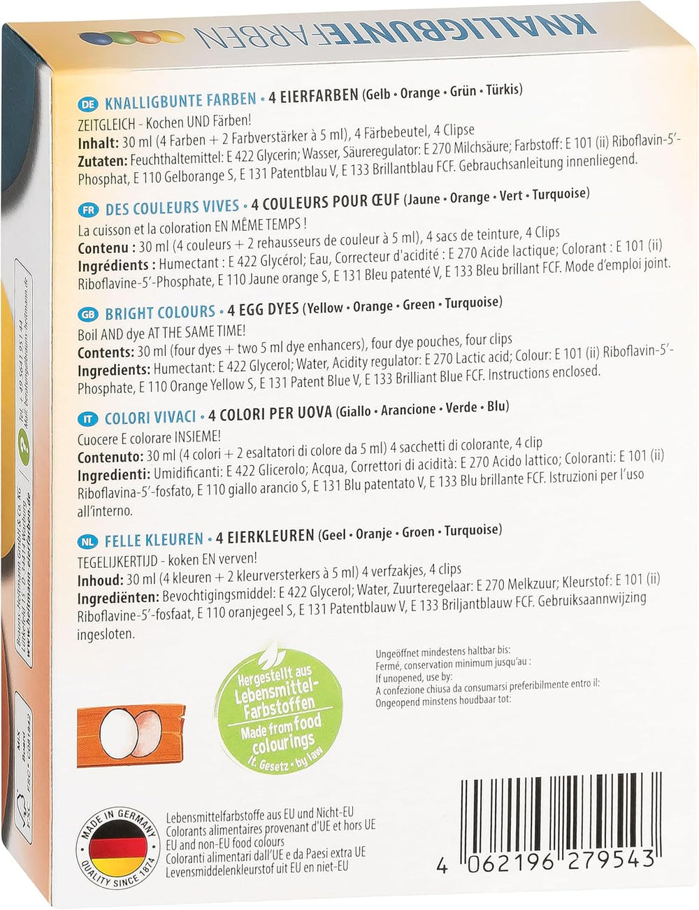 Culori de ou Heitmann, culori strălucitoare - 4 sticle de coloranți de ou (galben, portocaliu, verde, albastru), 2 intensificatori de culoare, 4 pungi de colorant, 4 cleme