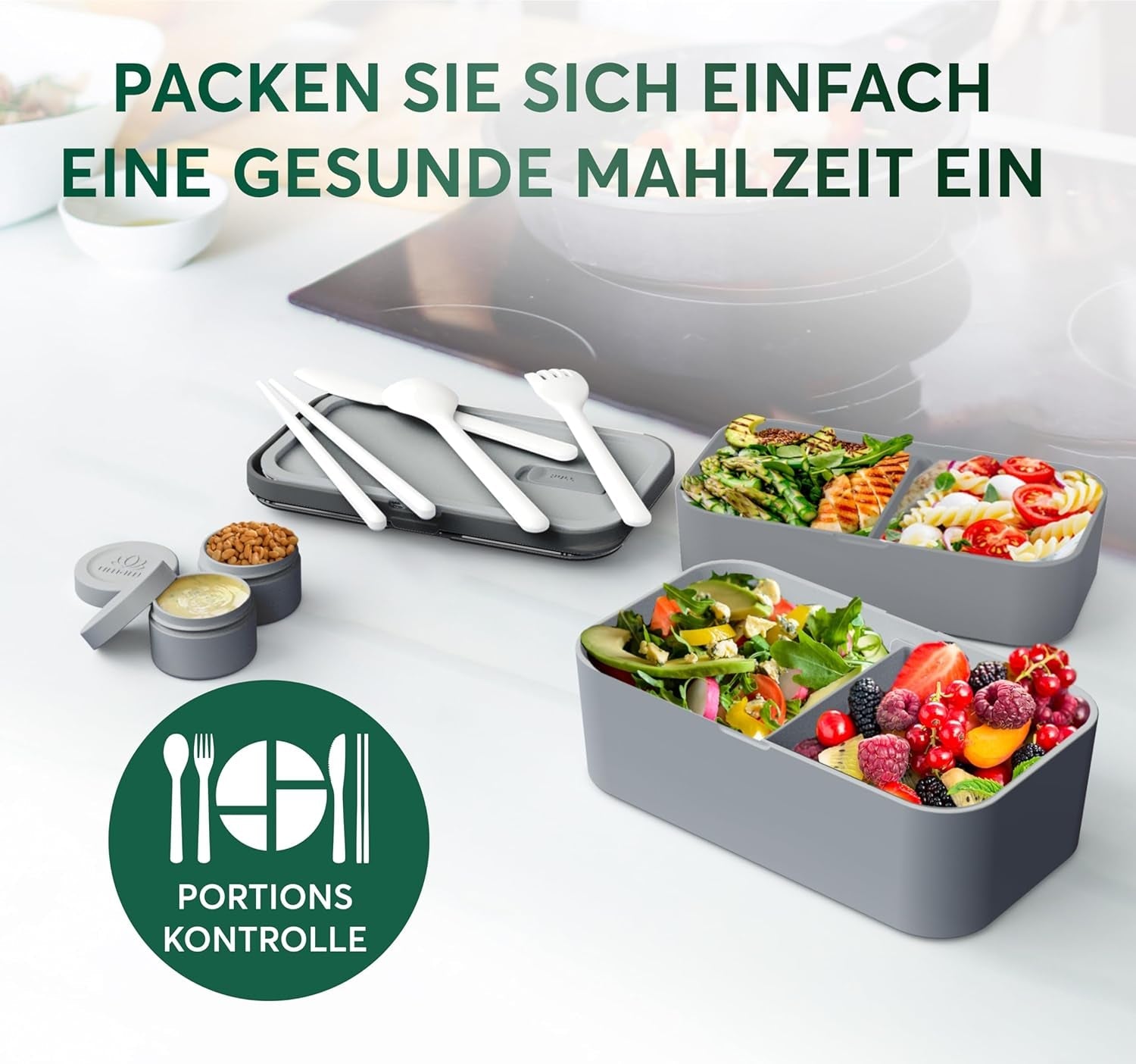 Cutie de prânz Umami pentru adulți, cutie bento stivuibilă etanșă cu 4 tacâmuri și compartimente, cutie de prânz pentru adulți, recipient pentru salată to-go, cutie de prânz pentru picnic / birou, gri cărbune, 1500 ml Cutii depozitare alimente Naty Shop