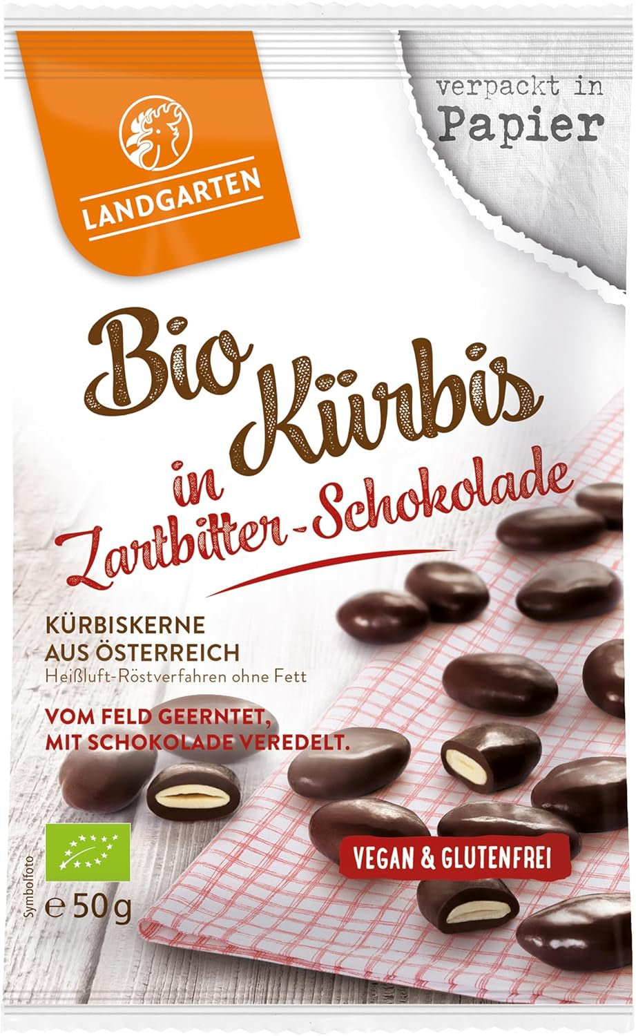 Landgarten bio tökmag étcsokoládéban - Vegán pörkölt tökmagos csokoládé snack - Magnéziumforrás - 1 x 50g